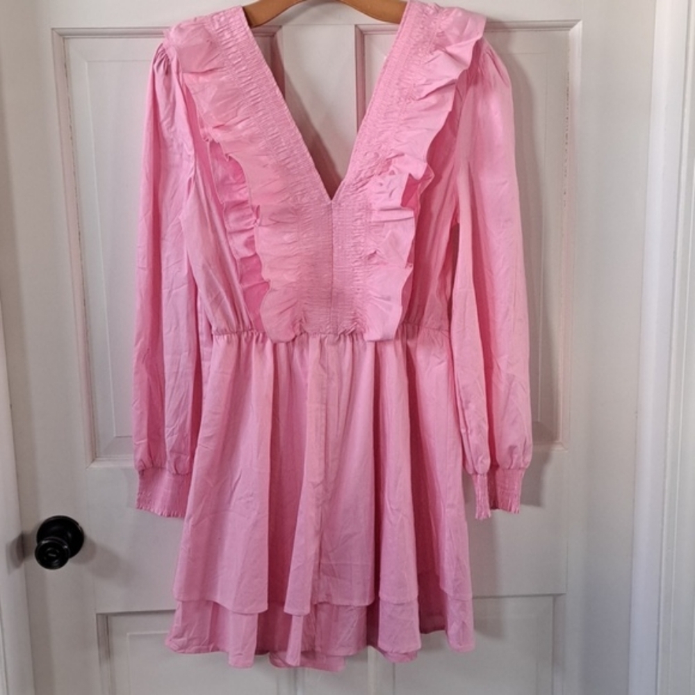 NWT Strut & Bolt Smocked Pink Ruffles Deep V-Neck Stretch Fun Girly Short Dress - Picture 7 of 13
